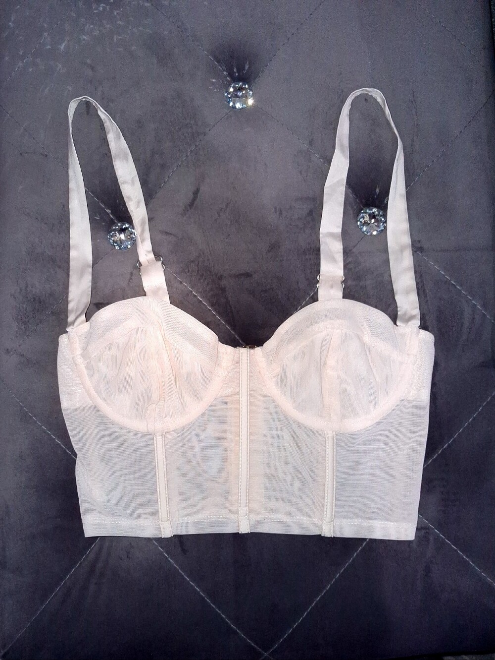 Oh Polly Corset Top Sheer Mesh Satin Straps Cream White US 2 Small Ivory Bustier